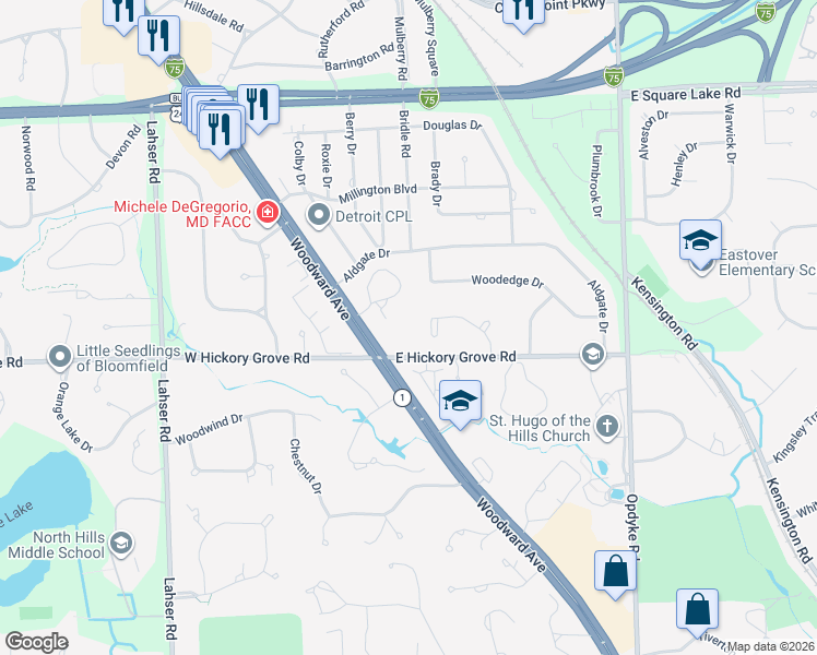 map of restaurants, bars, coffee shops, grocery stores, and more near 177 E Hickory Grove Rd in Bloomfield Hills