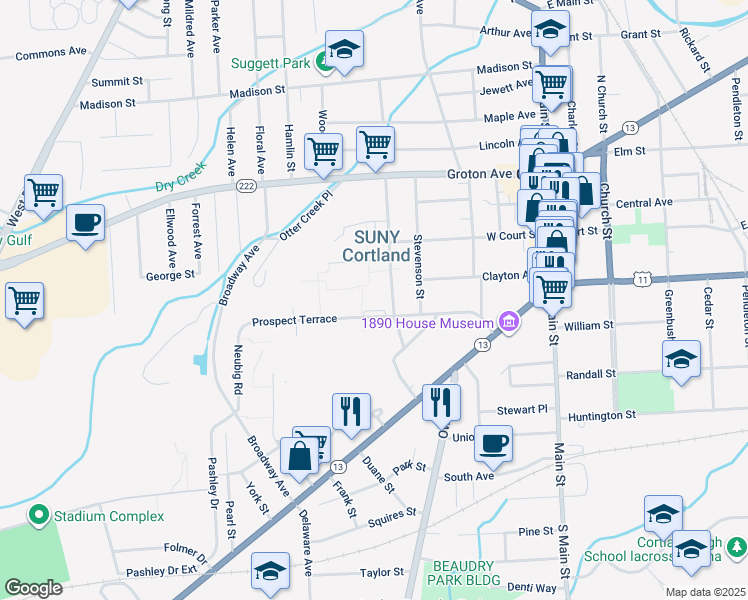 map of restaurants, bars, coffee shops, grocery stores, and more near 44 Cheney Hall in Cortland