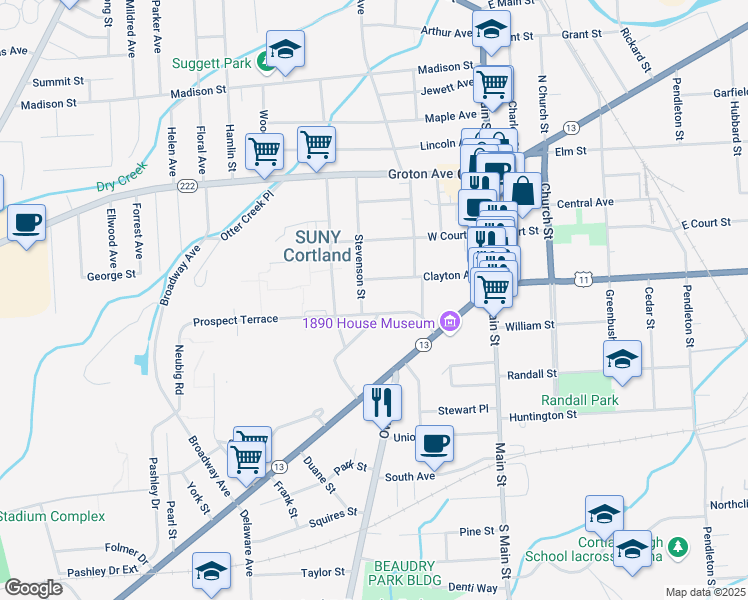 map of restaurants, bars, coffee shops, grocery stores, and more near 31 Prospect Terrace in Cortland