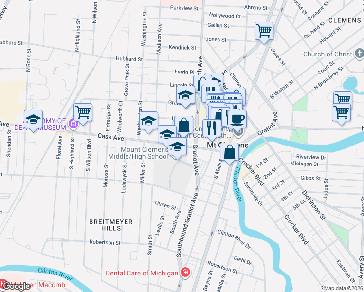 map of restaurants, bars, coffee shops, grocery stores, and more near 130 Cass Avenue in Mount Clemens