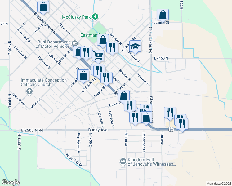 map of restaurants, bars, coffee shops, grocery stores, and more near in Buhl