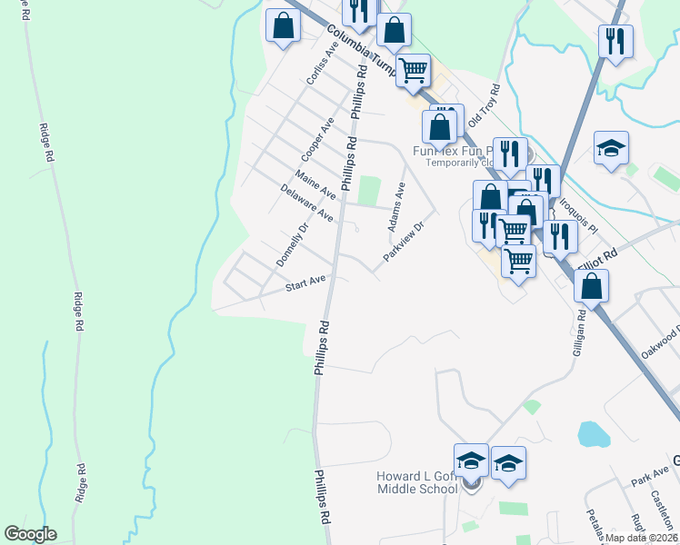 map of restaurants, bars, coffee shops, grocery stores, and more near 59 Phillips Road in Rensselaer