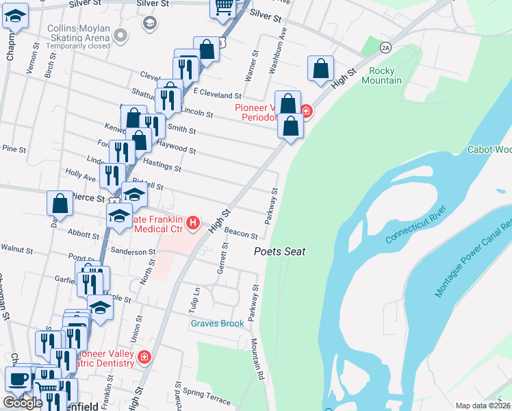 map of restaurants, bars, coffee shops, grocery stores, and more near 111 Riddell Street in Greenfield