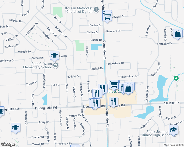 map of restaurants, bars, coffee shops, grocery stores, and more near 5323 Fedora Drive in Troy