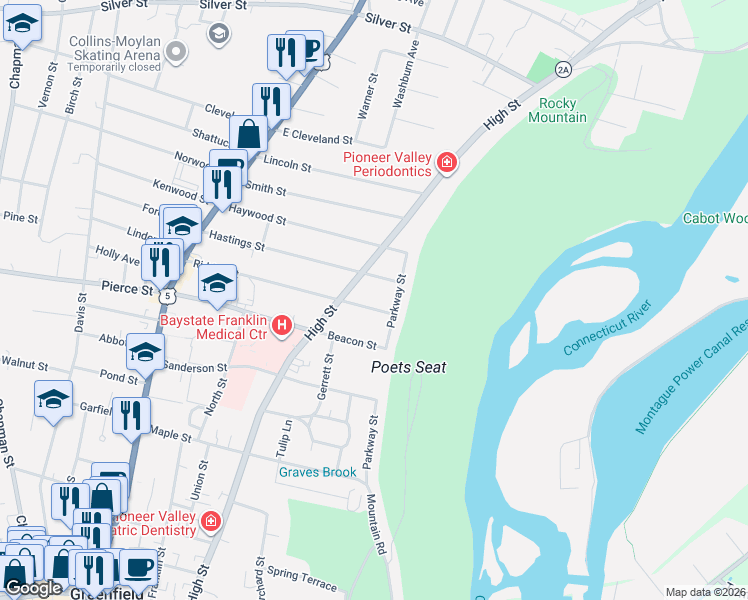 map of restaurants, bars, coffee shops, grocery stores, and more near 111 Riddell Street in Greenfield