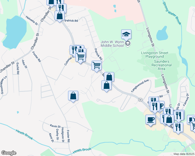 map of restaurants, bars, coffee shops, grocery stores, and more near 25 Villa Roma Drive in Tewksbury