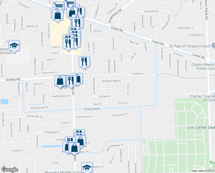 map of restaurants, bars, coffee shops, grocery stores, and more near 17309 Puritan Drive in Clinton Township