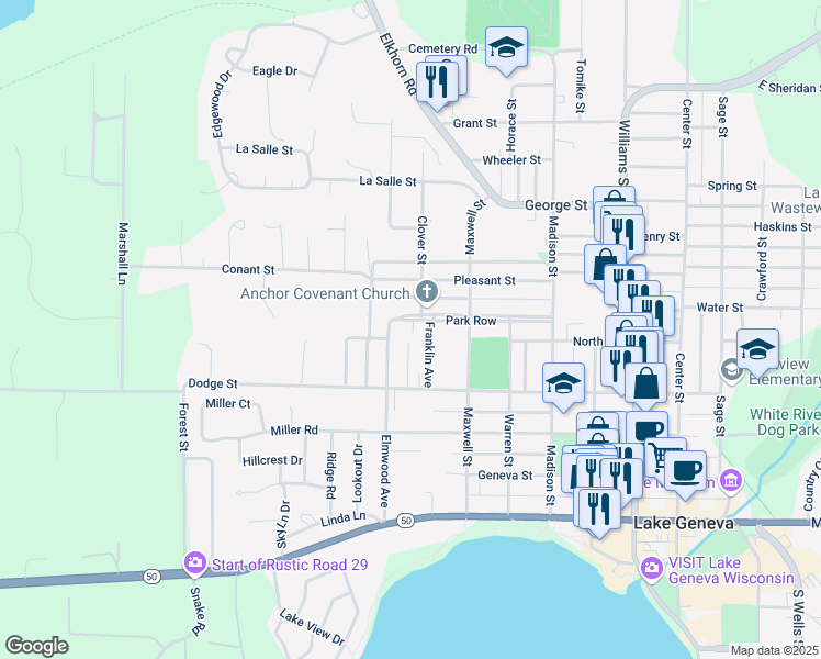 map of restaurants, bars, coffee shops, grocery stores, and more near 549 Jefferson Street in Lake Geneva