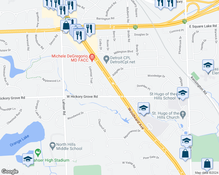 map of restaurants, bars, coffee shops, grocery stores, and more near 100 West Hickory Grove Road in Bloomfield Township