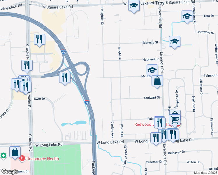map of restaurants, bars, coffee shops, grocery stores, and more near 5375 Daniels Drive in Troy