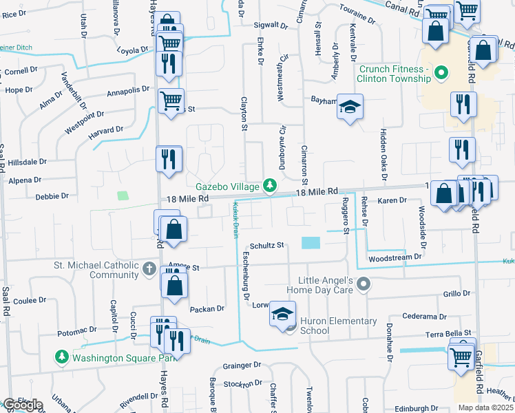 map of restaurants, bars, coffee shops, grocery stores, and more near 15500 Irene Court in Clinton Township