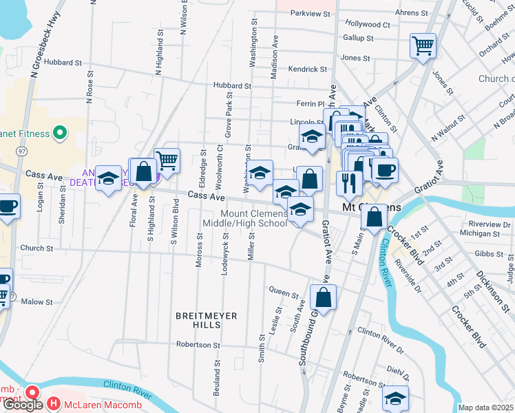 map of restaurants, bars, coffee shops, grocery stores, and more near 10 Miller Street in Mount Clemens