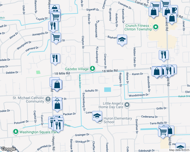 map of restaurants, bars, coffee shops, grocery stores, and more near 40892 Highpointe Drive in Clinton Township
