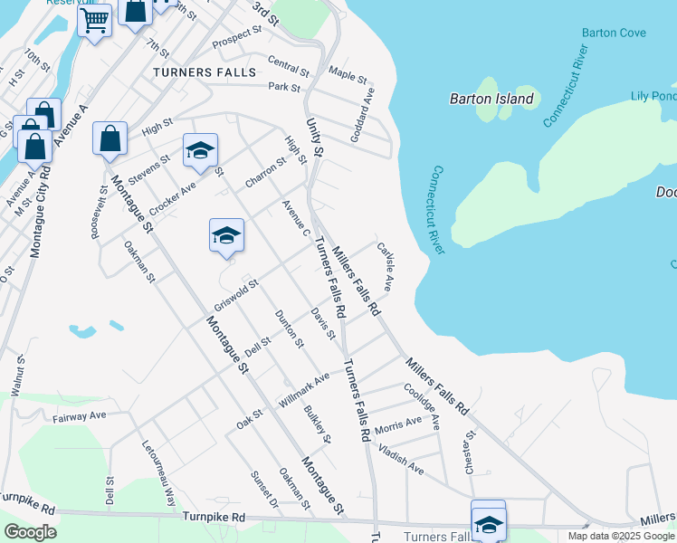 map of restaurants, bars, coffee shops, grocery stores, and more near 23 Turners Falls Road in Greenfield
