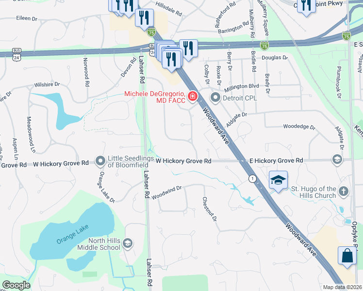 map of restaurants, bars, coffee shops, grocery stores, and more near 2940 Colonial Trail in Bloomfield Hills