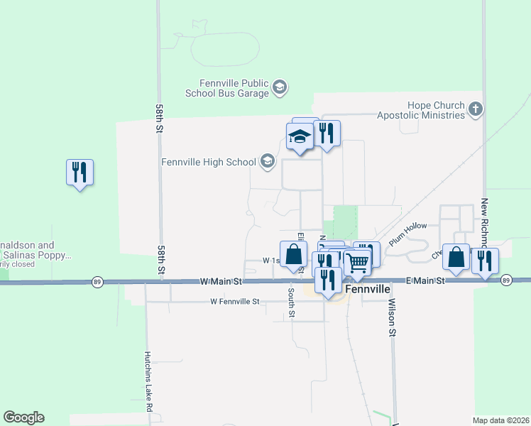 map of restaurants, bars, coffee shops, grocery stores, and more near 8 North Memorial Drive in Fennville