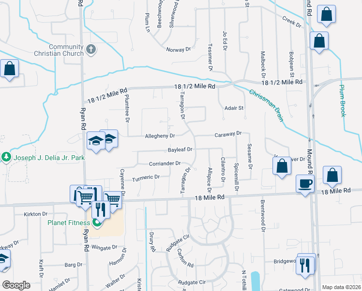 map of restaurants, bars, coffee shops, grocery stores, and more near 4834 Bayleaf Drive in Sterling Heights