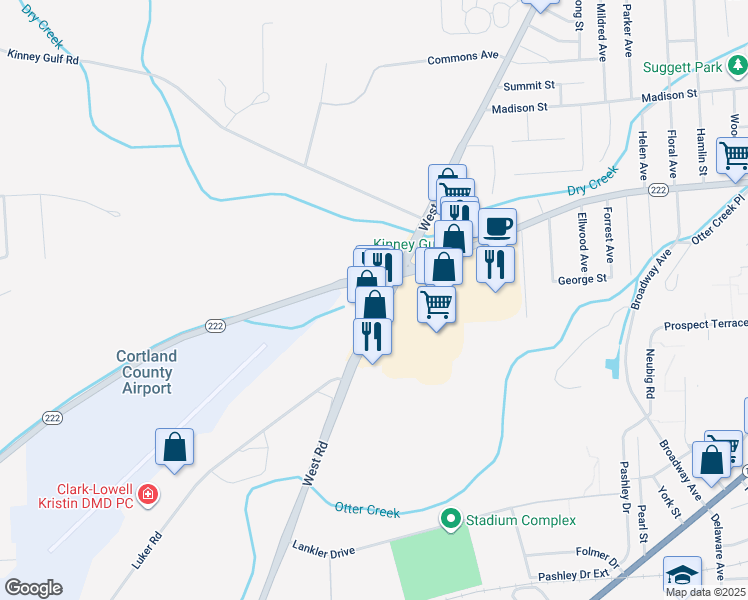 map of restaurants, bars, coffee shops, grocery stores, and more near 3927 West Road in Cortland
