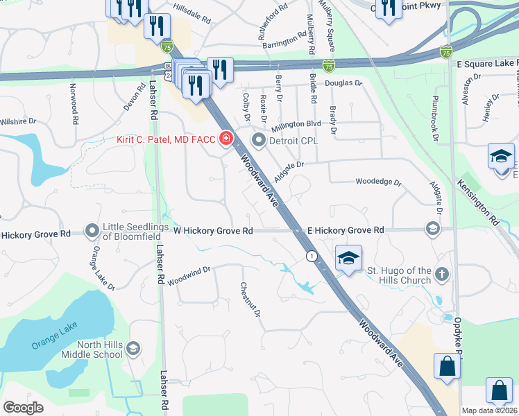 map of restaurants, bars, coffee shops, grocery stores, and more near 100 West Hickory Grove Road in Bloomfield Township