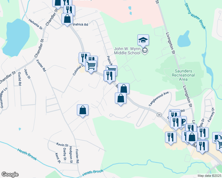 map of restaurants, bars, coffee shops, grocery stores, and more near 21 Villa Roma Drive in Tewksbury
