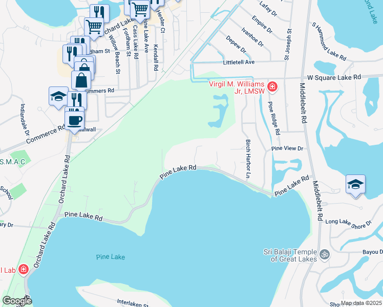 map of restaurants, bars, coffee shops, grocery stores, and more near 2905 Lakewoods Court in West Bloomfield Township