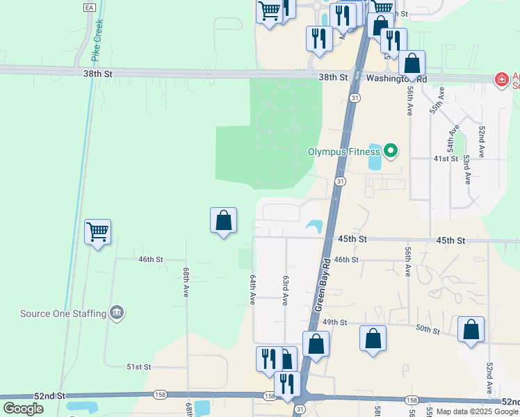 map of restaurants, bars, coffee shops, grocery stores, and more near 6313 43rd Street in Kenosha