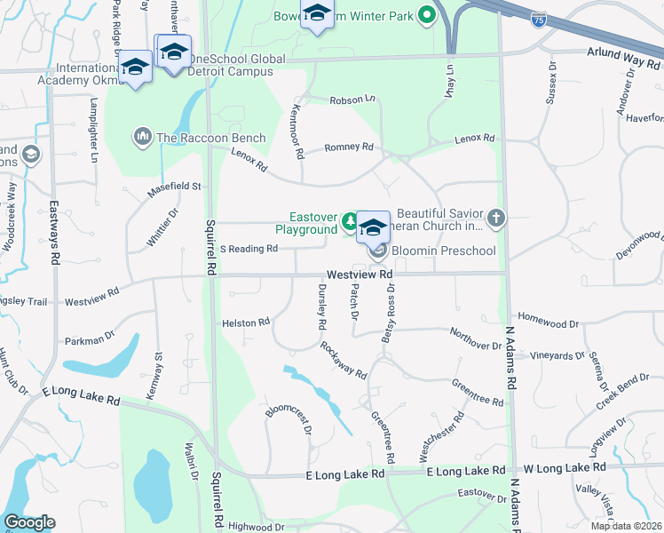 map of restaurants, bars, coffee shops, grocery stores, and more near 999-901 Dursley Road in Bloomfield Township