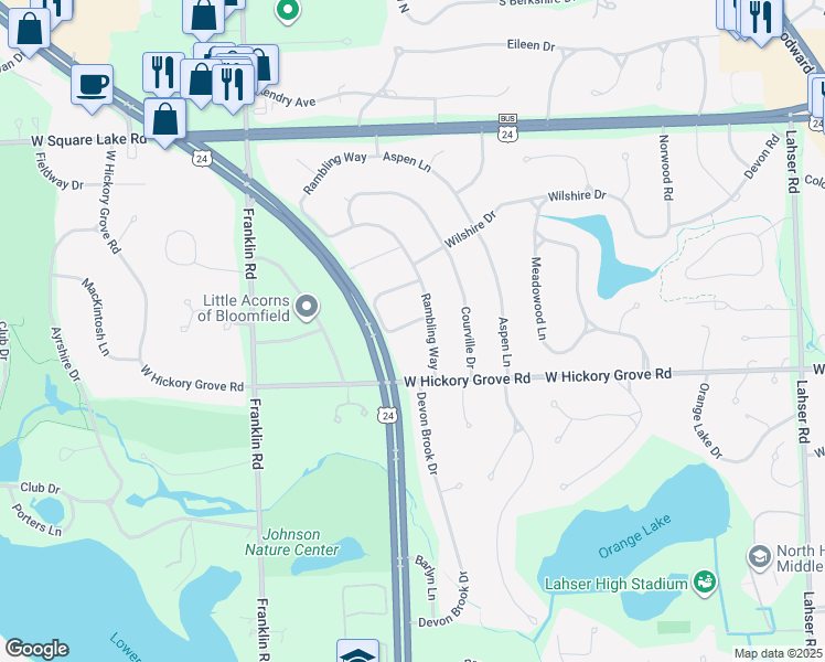 map of restaurants, bars, coffee shops, grocery stores, and more near 2848 Rossmoor Circle in Bloomfield Township
