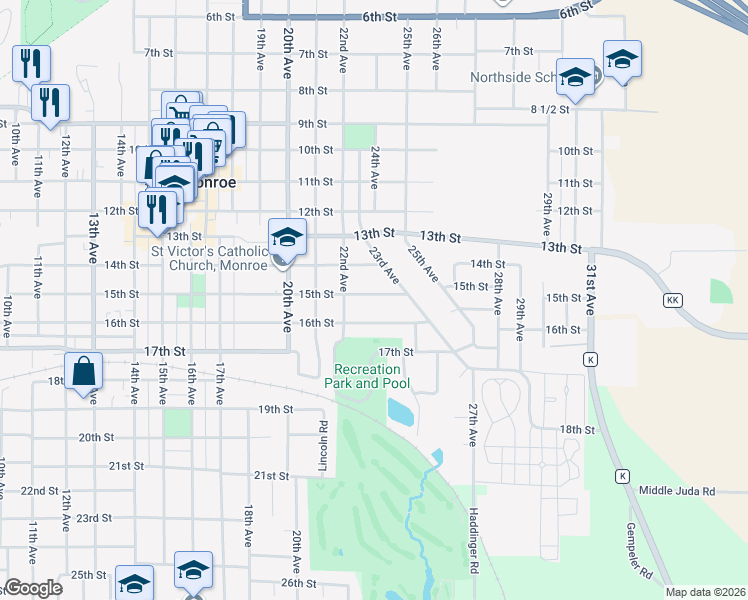 map of restaurants, bars, coffee shops, grocery stores, and more near 2242 15th Street in Monroe