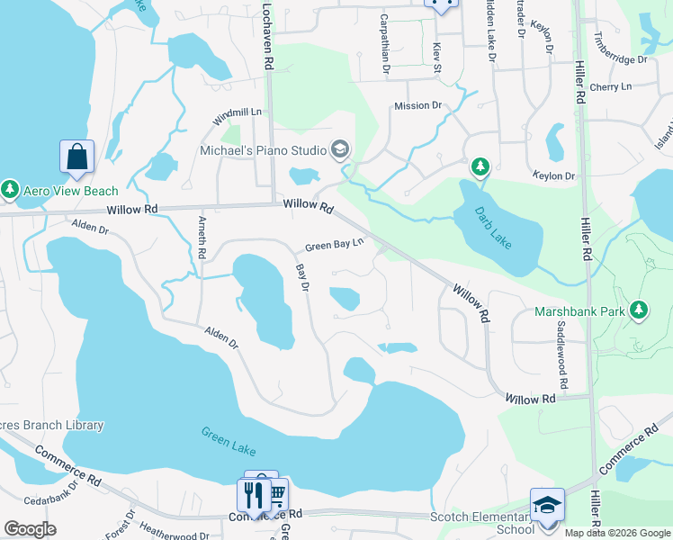 map of restaurants, bars, coffee shops, grocery stores, and more near 6245 Lindsay Court in West Bloomfield Township