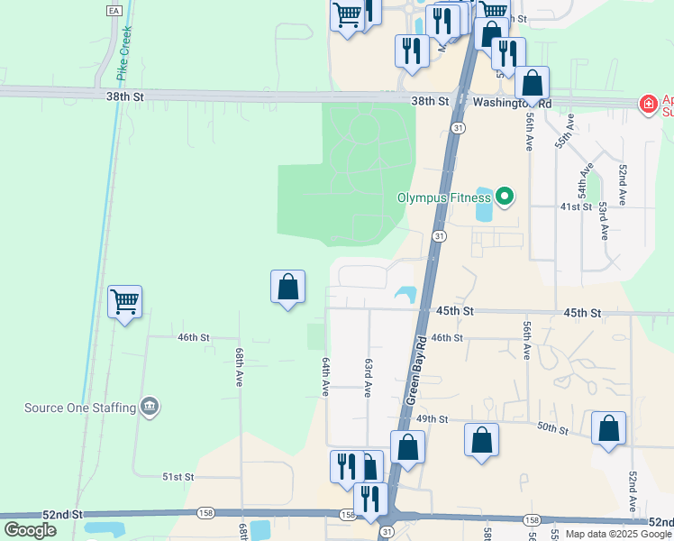 map of restaurants, bars, coffee shops, grocery stores, and more near 6313 43rd Street in Kenosha