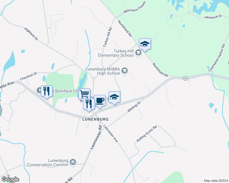 map of restaurants, bars, coffee shops, grocery stores, and more near 1025 Massachusetts Avenue in Lunenburg