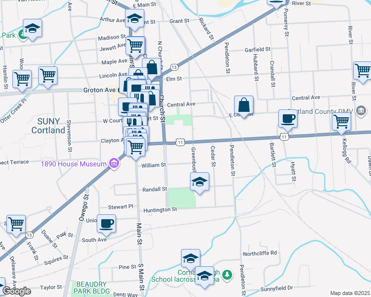 map of restaurants, bars, coffee shops, grocery stores, and more near 70 Greenbush Street in Cortland