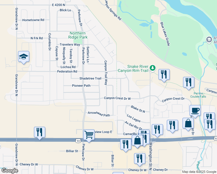 map of restaurants, bars, coffee shops, grocery stores, and more near 1982 Canyon Trail Way in Twin Falls