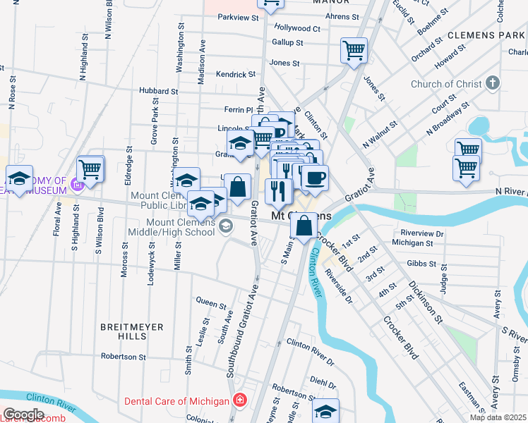 map of restaurants, bars, coffee shops, grocery stores, and more near 100 Cass Avenue in Mount Clemens