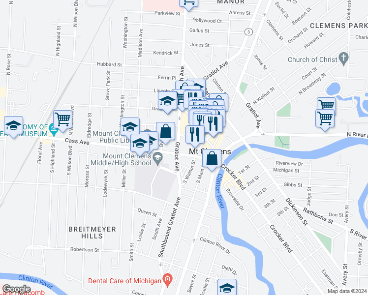 map of restaurants, bars, coffee shops, grocery stores, and more near 100 Cass Avenue in Mount Clemens