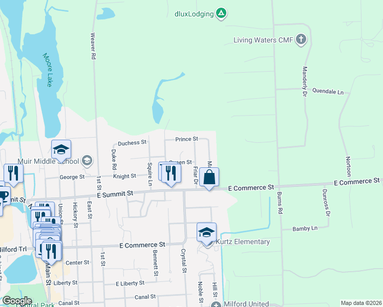 map of restaurants, bars, coffee shops, grocery stores, and more near 1114 Queen Street in Milford Charter Township