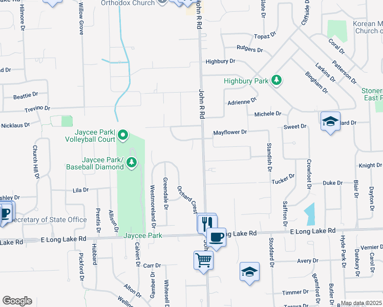 map of restaurants, bars, coffee shops, grocery stores, and more near 1936 Stoney Cove Court in Troy