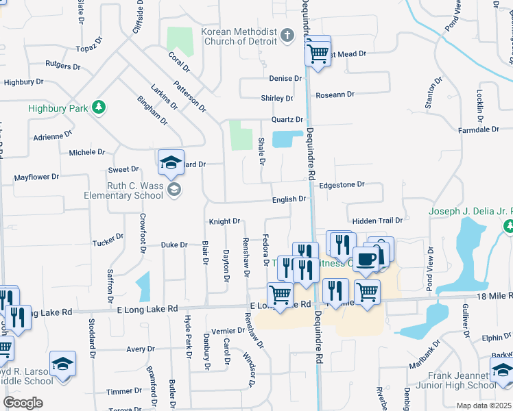 map of restaurants, bars, coffee shops, grocery stores, and more near 2794 English Drive in Troy