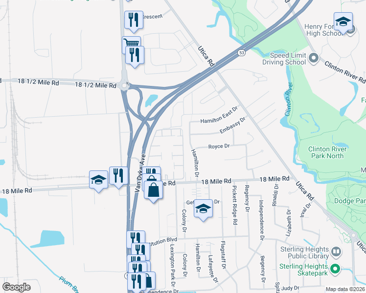map of restaurants, bars, coffee shops, grocery stores, and more near Ludington Drive in Sterling Heights