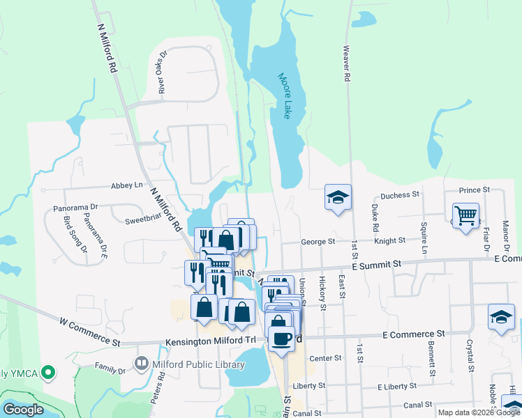 map of restaurants, bars, coffee shops, grocery stores, and more near 800 Concrete Drive in Milford Charter Township