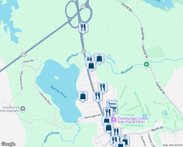 map of restaurants, bars, coffee shops, grocery stores, and more near 325 Main Street in North Reading