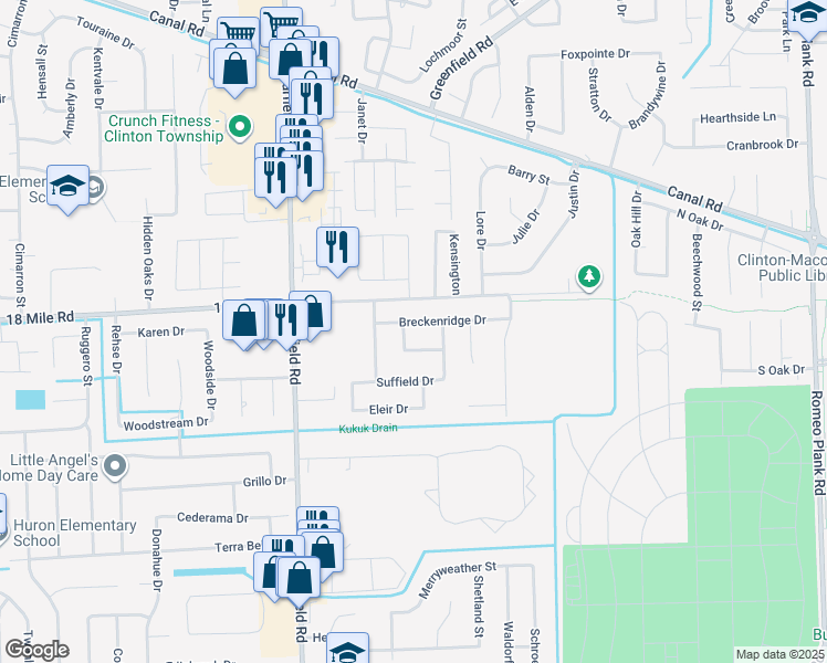 map of restaurants, bars, coffee shops, grocery stores, and more near 17309 Puritan Drive in Clinton Township