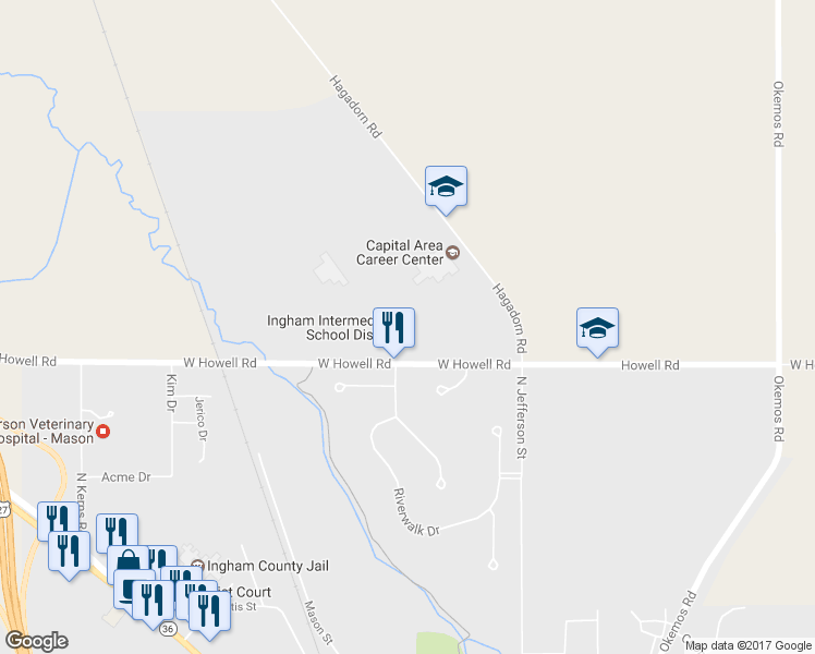 map of restaurants, bars, coffee shops, grocery stores, and more near 2630 West Howell Road in Mason