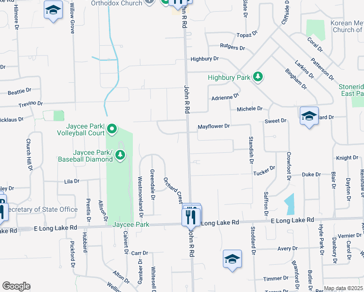 map of restaurants, bars, coffee shops, grocery stores, and more near 1936 Stoney Cove in Troy