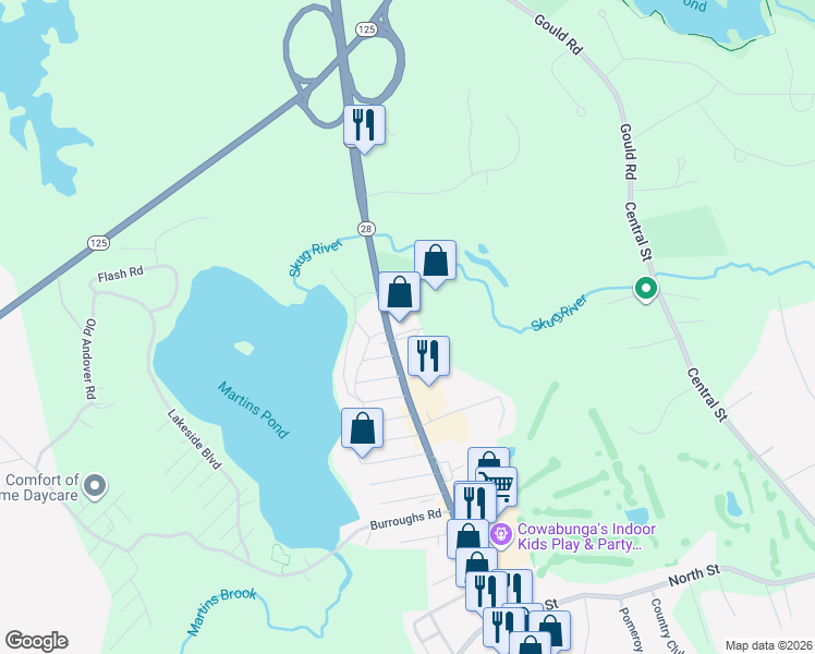 map of restaurants, bars, coffee shops, grocery stores, and more near 313 Main Street in North Reading