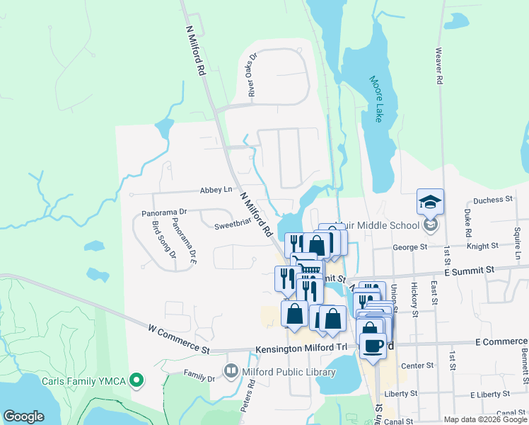 map of restaurants, bars, coffee shops, grocery stores, and more near 466 Village Lane in Milford Charter Township