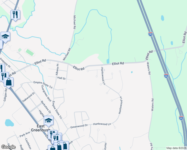 map of restaurants, bars, coffee shops, grocery stores, and more near 4 Foxwood Circle in East Greenbush