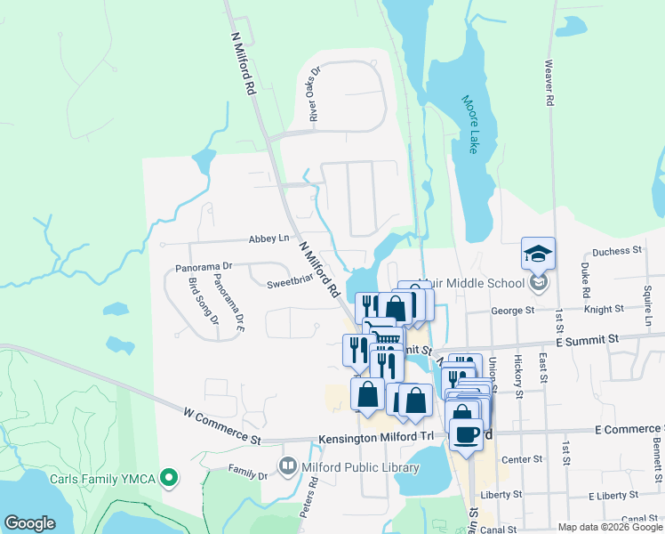map of restaurants, bars, coffee shops, grocery stores, and more near 466 Village Lane in Milford
