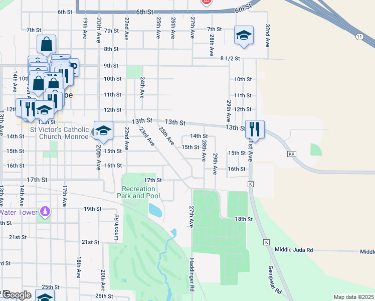 map of restaurants, bars, coffee shops, grocery stores, and more near 2610 15th Street in Monroe